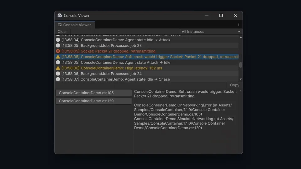 Окно ConsoleContainer с отдельными консолями по системам