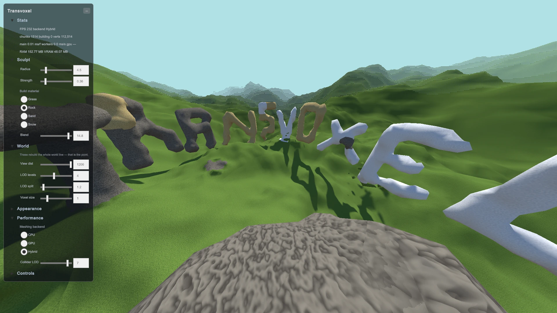 Демо Transvoxel в Unity с панелью статистики и параметров мира