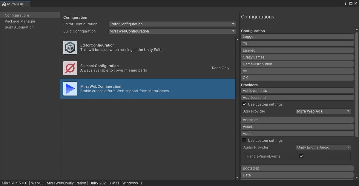 Окно MirraSDK Toolkit внутри редактора Unity